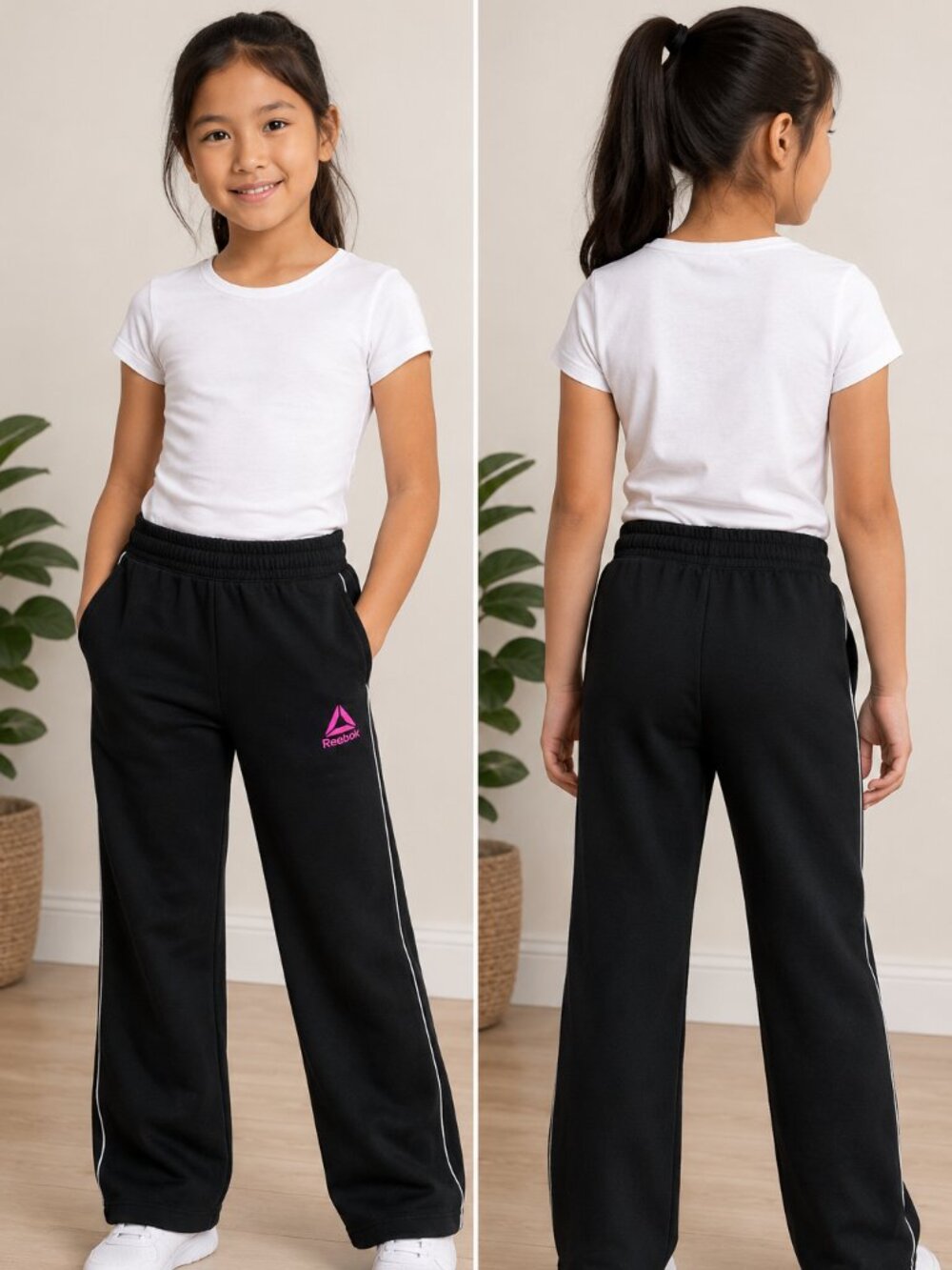 NWT Reebok Girls 7/8 Black Relaxed Fleece Sweatpants Pink Logo Pockets